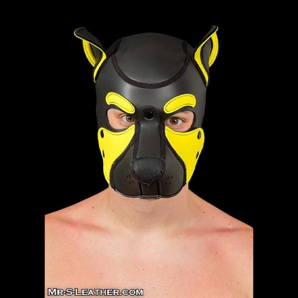 Mr S Leather NEOPRENE FRISKY Puppy Hood | Black & Yellow - The Pup Play Hub