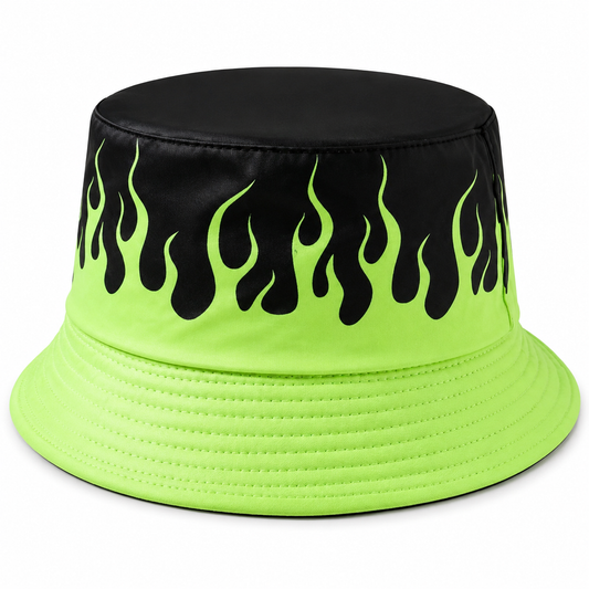 Neon Green Flame Bucket Hat – Black Festival & Rave Hat
