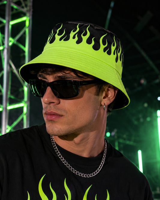 Neon Green Flame Bucket Hat – Black Festival & Rave Hat