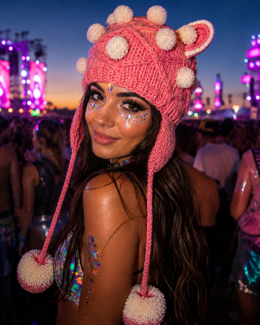 Pink Cat Ear Knitted Hat with Pom Poms