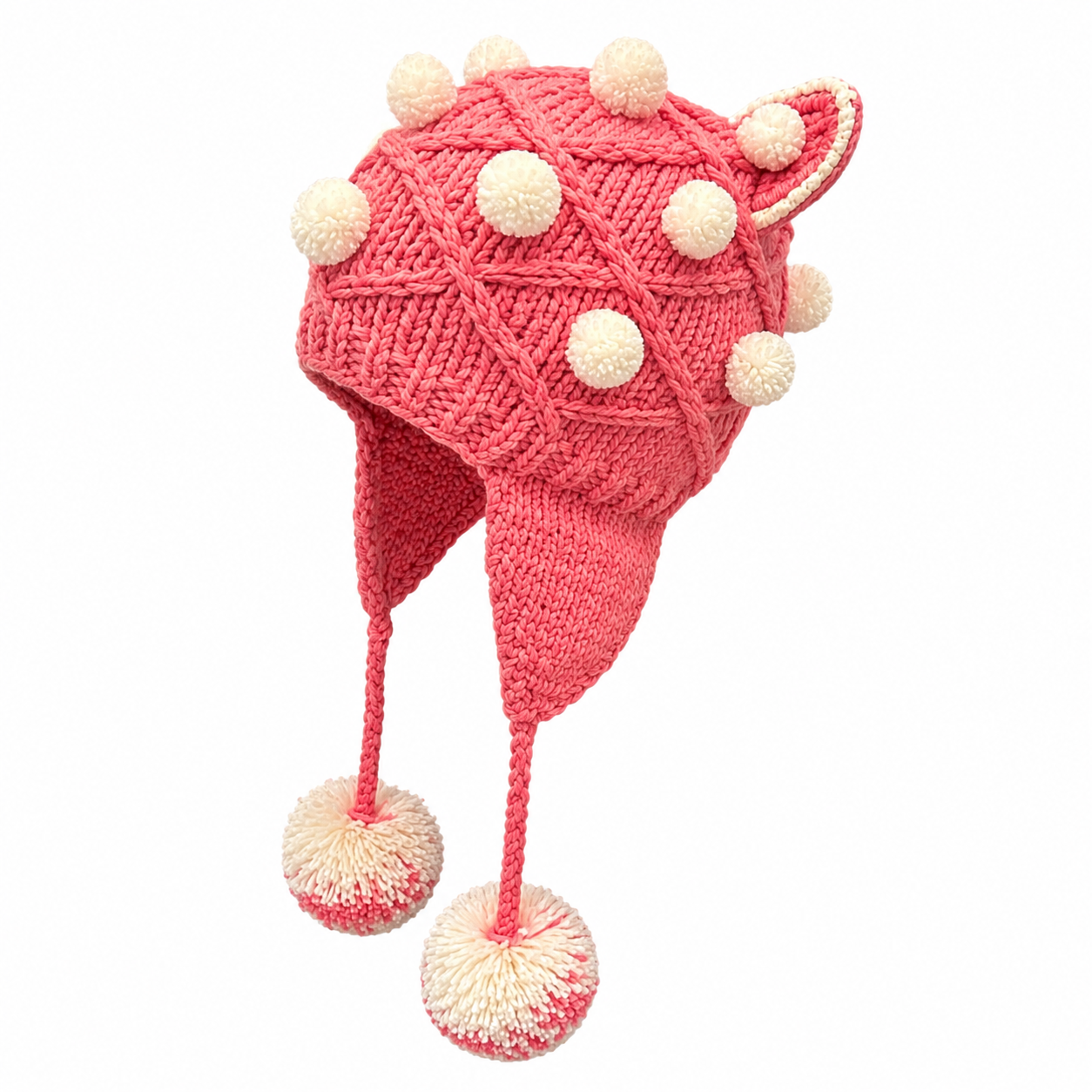 Pink Cat Ear Knitted Hat with Pom Poms
