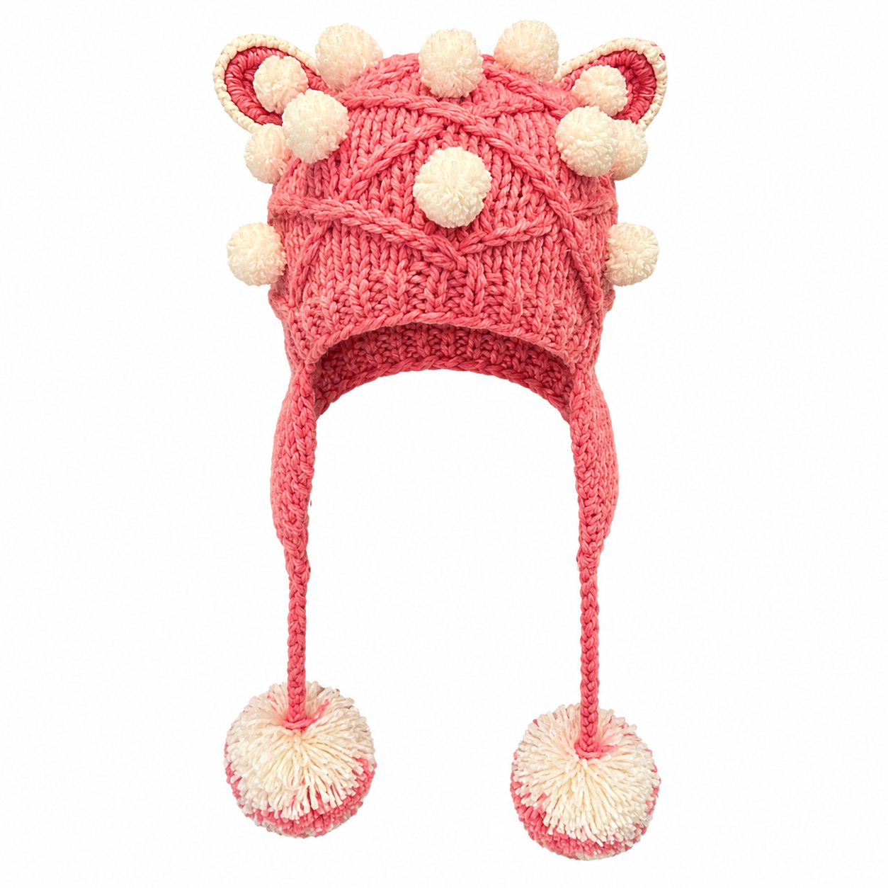 Pink Cat Ear Knitted Hat with Pom Poms