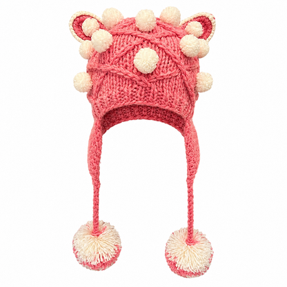 Pink Cat Ear Knitted Hat with Pom Poms