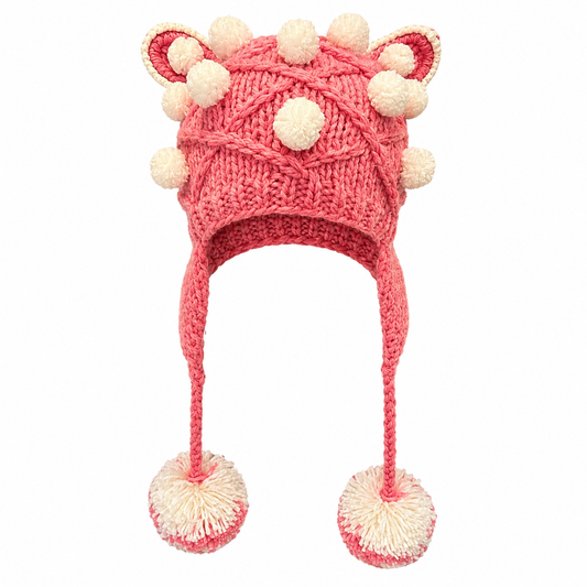 Pink Cat Ear Knitted Hat with Pom Poms