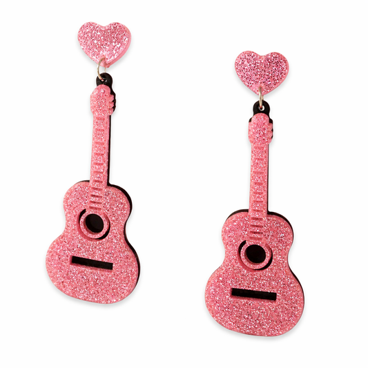 Pink Glitter Guitar Drop Earrings