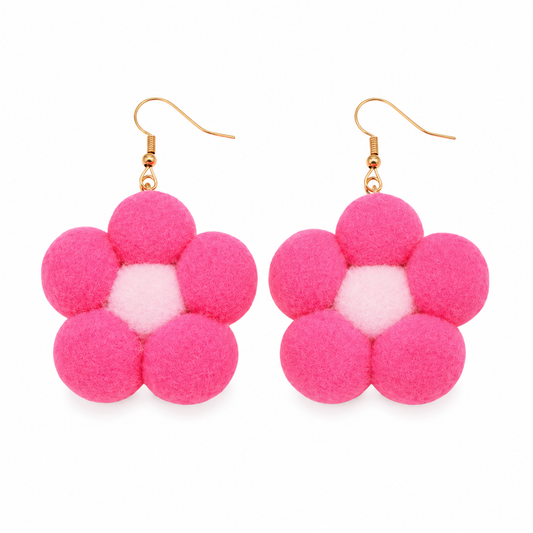 Pink Pompom Daisy Drop Earrings