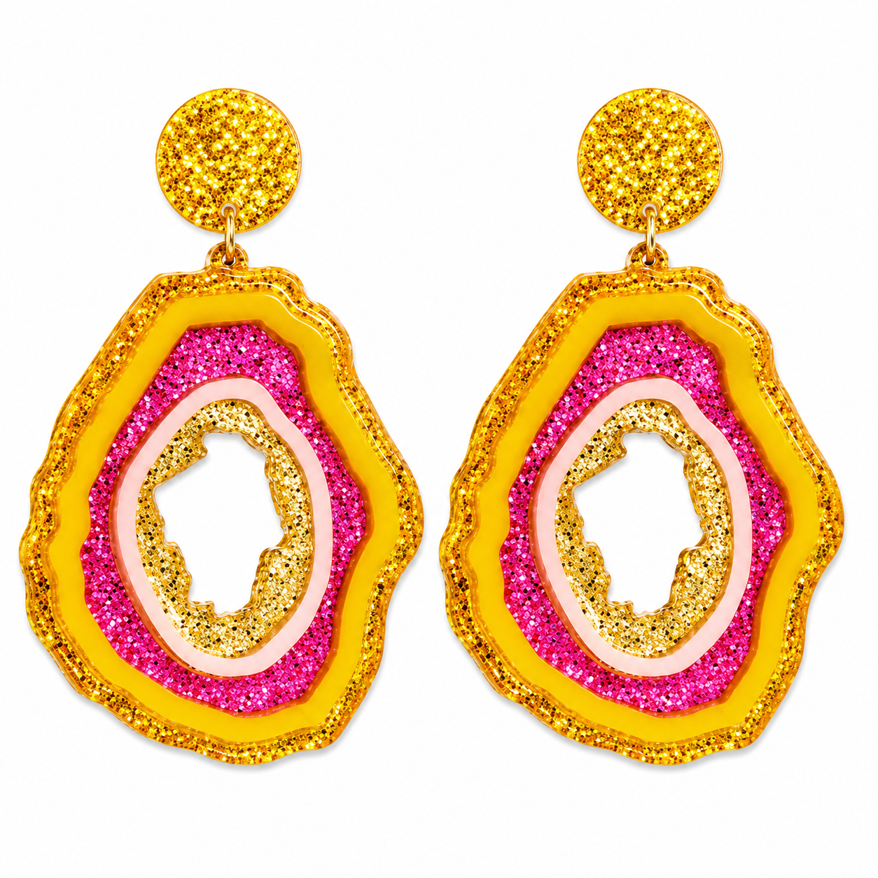 Pink & Yellow Glitter Geode Drop Earrings