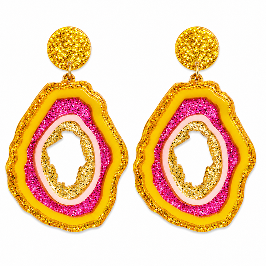 Pink & Yellow Glitter Geode Drop Earrings