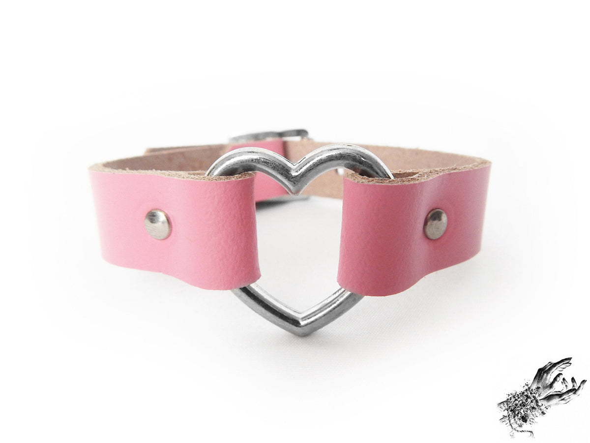 Pink Leather Heart Ring Wristband