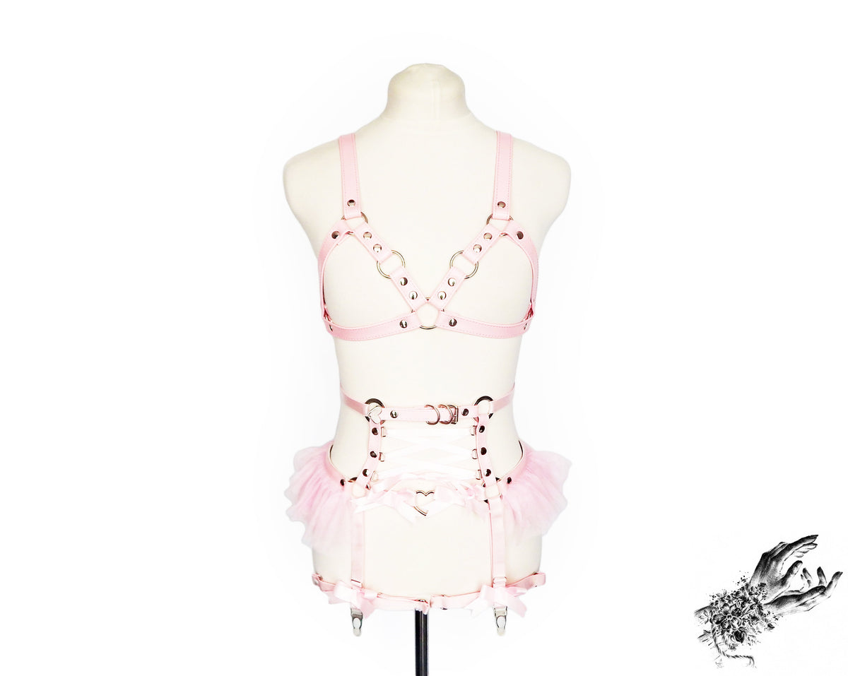Pink Vegan Leather Cage and Corset Harness Set