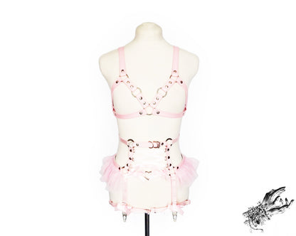 Pink Vegan Leather Cage and Corset Harness Set