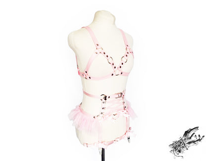 Pink Vegan Leather Cage and Corset Harness Set