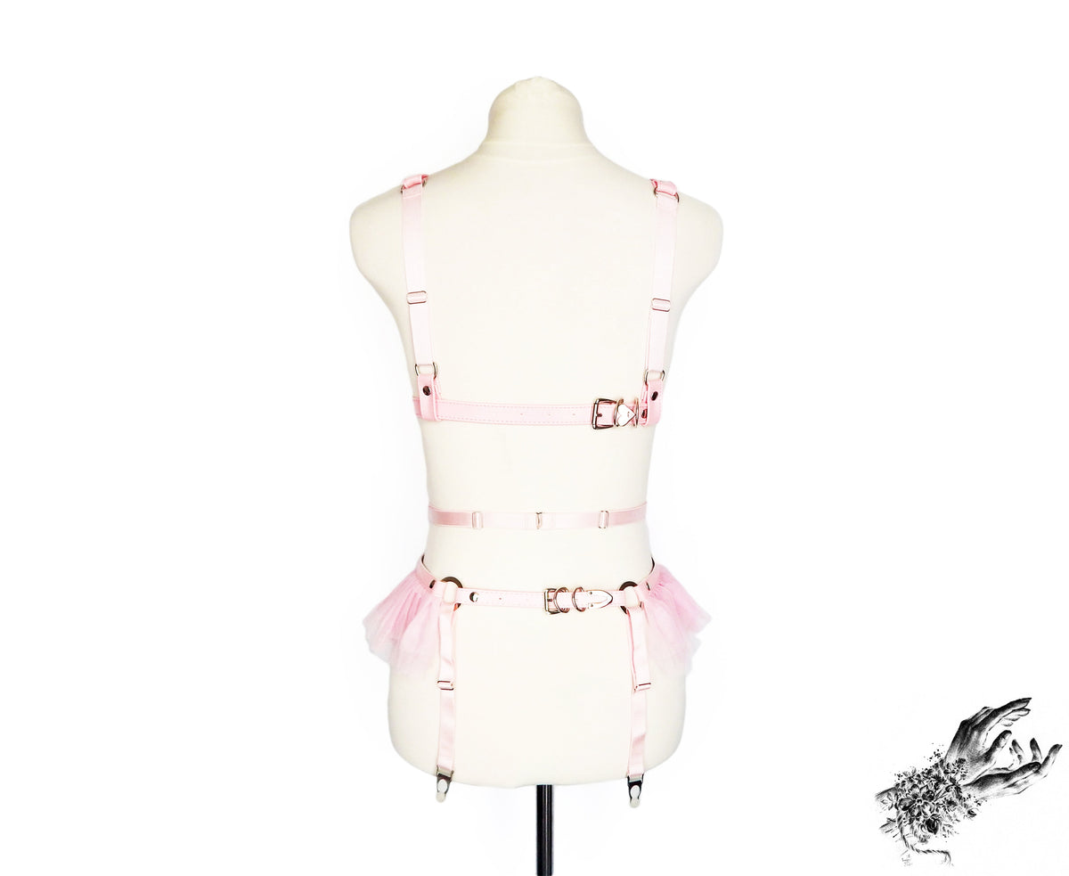 Pink Vegan Leather Cage and Corset Harness Set