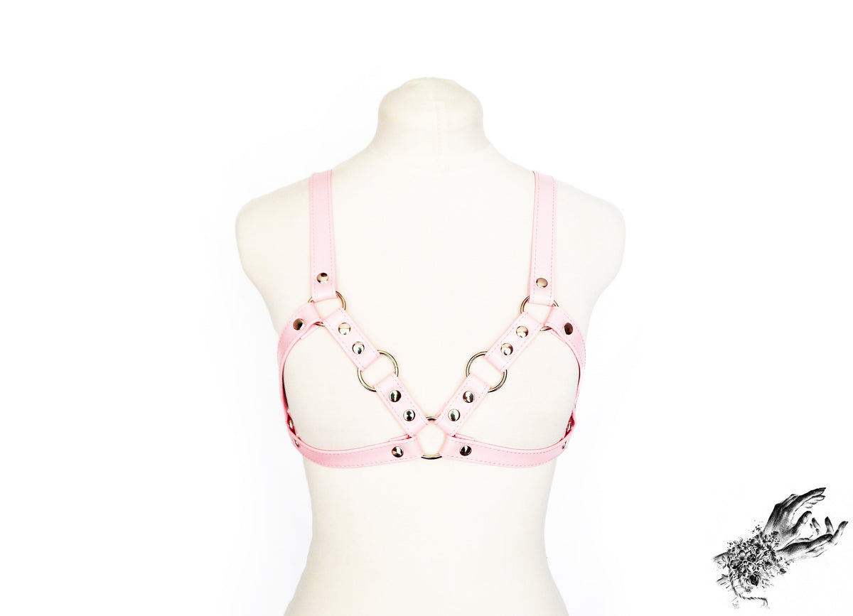 Pink Vegan Leather Cage and Corset Harness Set