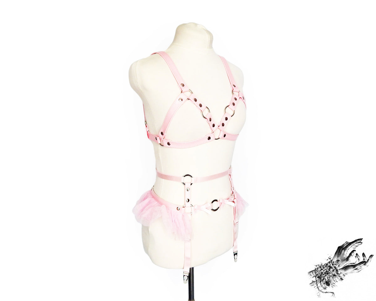 Pink Vegan Leather Cage Harness Set