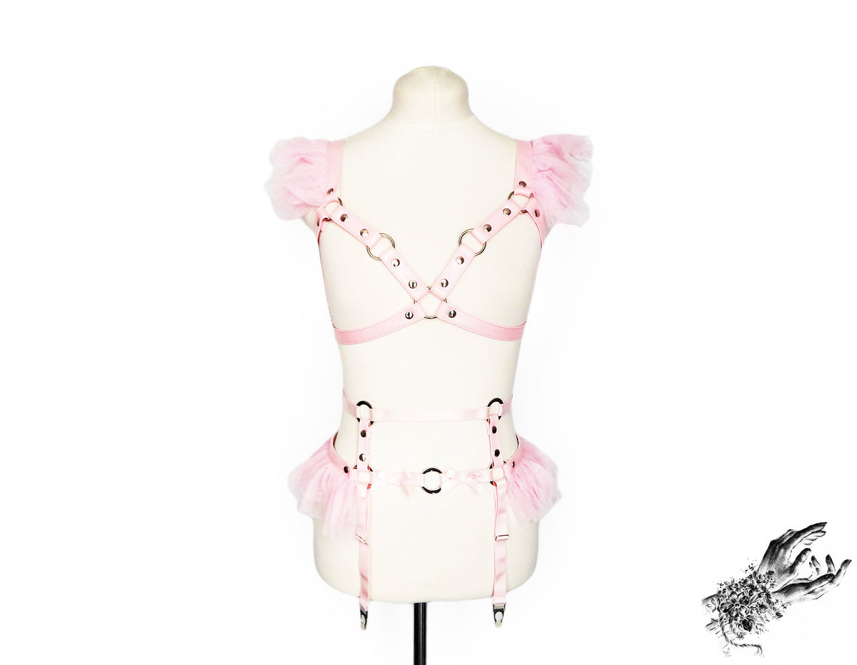 Pink Vegan Leather Caged Mesh Body Harness Set