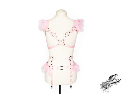 Pink Vegan Leather Caged Mesh Body Harness Set
