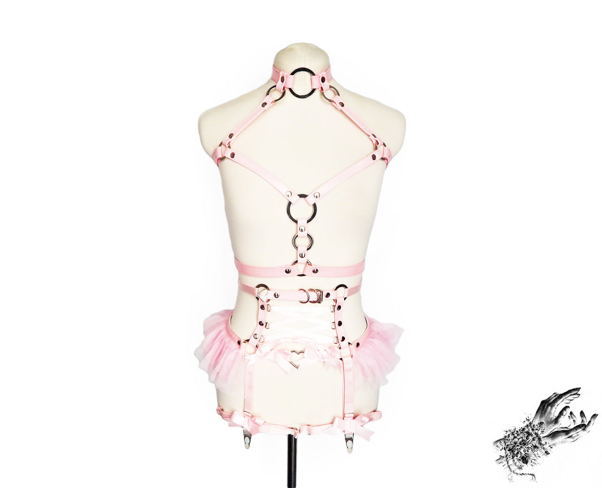 Pink Vegan Leather O Ring and Corset Harness Set