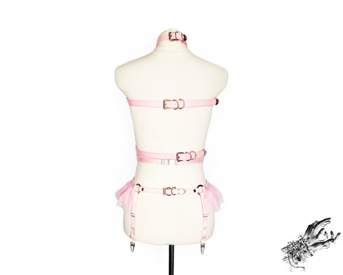 Pink Vegan Leather O Ring and Corset Harness Set
