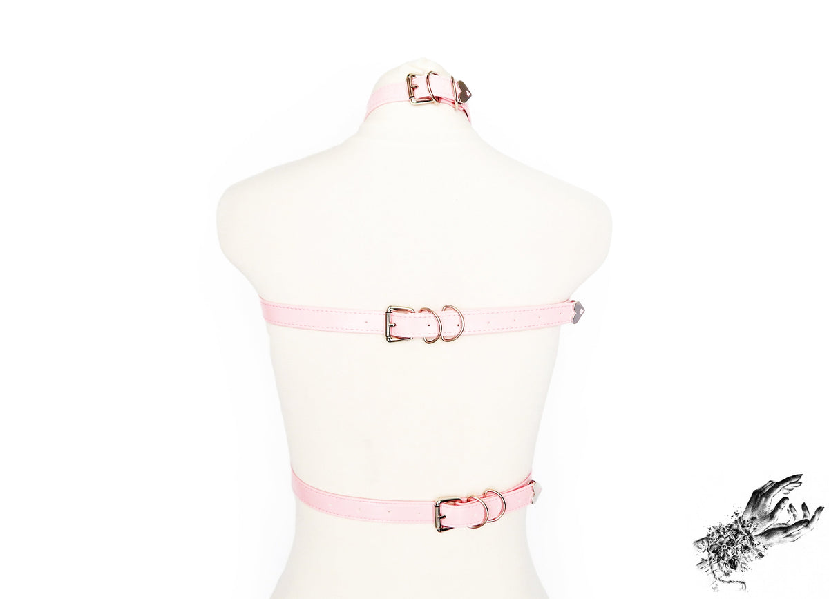 Pink Vegan Leather O Ring and Corset Harness Set