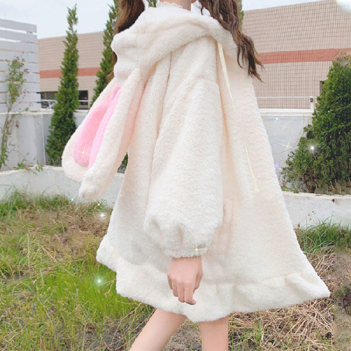 Plush Rabbit Ear Hooded Coat