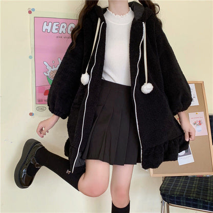Plush Rabbit Ear Hooded Coat