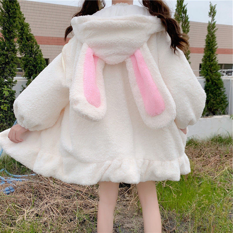 Plush Rabbit Ear Hooded Coat