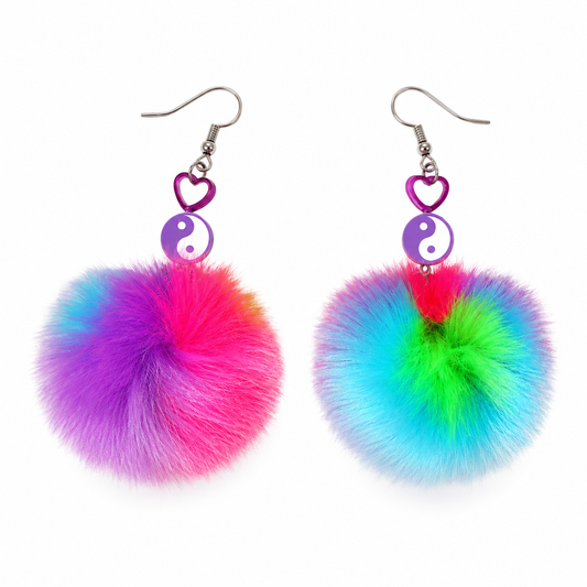 Multicolour Yin Yang Pompom Drop Earrings