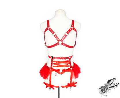 Red Vegan Leather Cage and Corset Harness Set