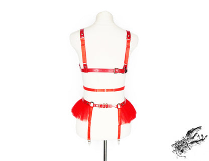 Red Vegan Leather Cage and Corset Harness Set