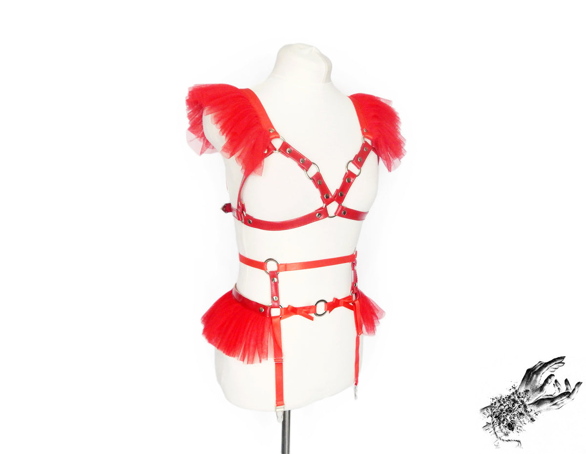 Red Vegan Leather Caged Mesh Body Harness Set