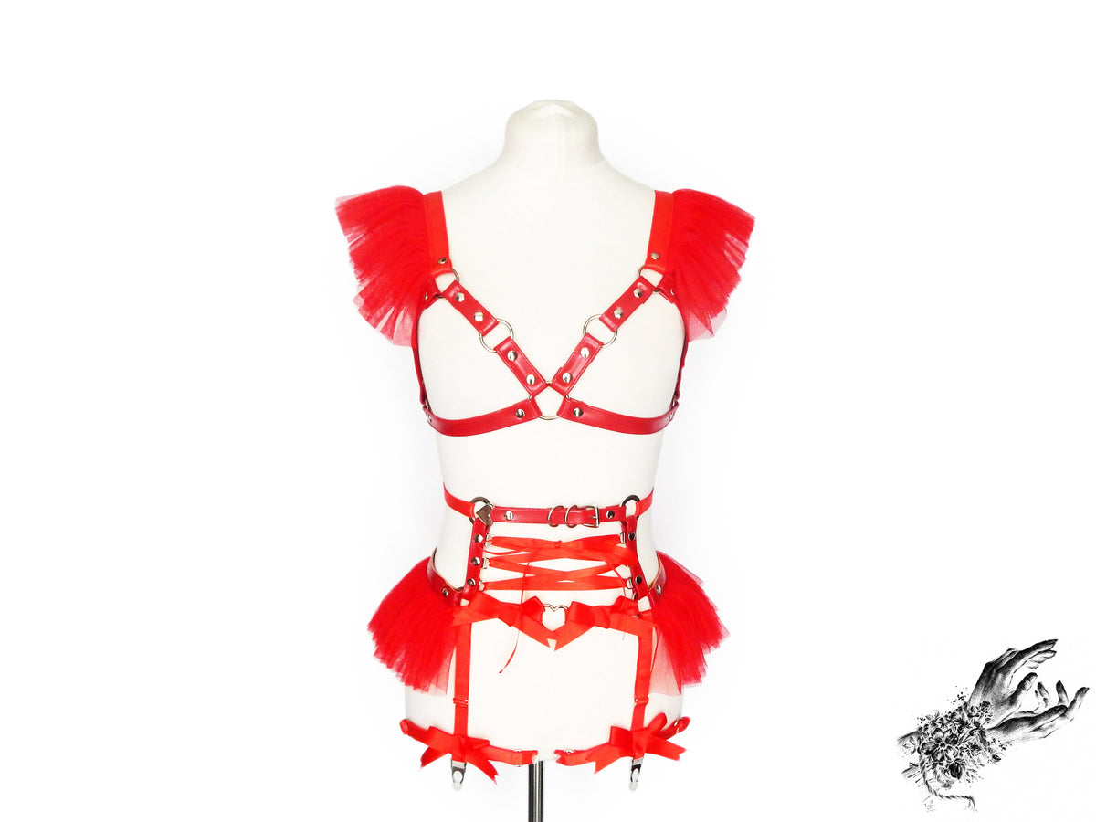 Red Vegan Leather Corset Body Harness Set