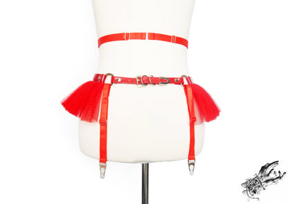 Red Vegan Leather Cage and Corset Harness Set