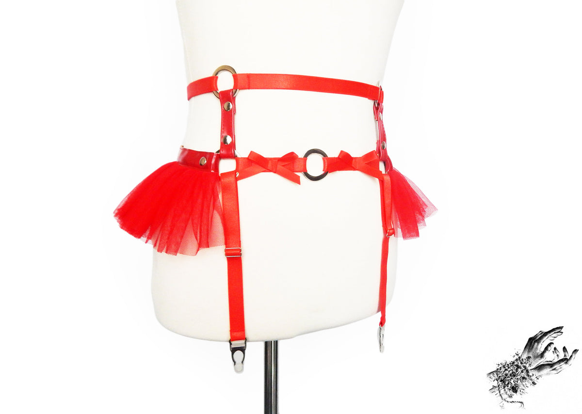 Red Vegan Leather Caged Mesh Body Harness Set