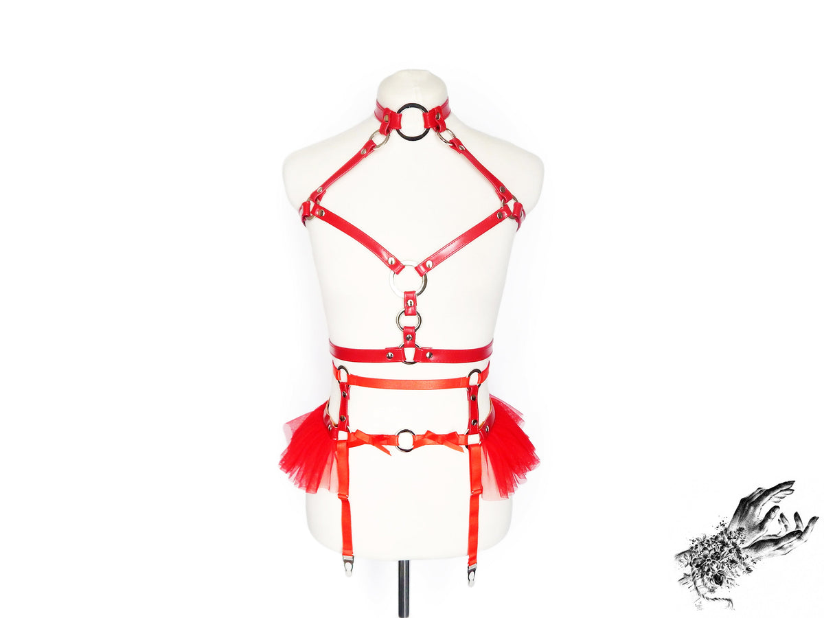 Red Vegan Leather O Ring Harness Set