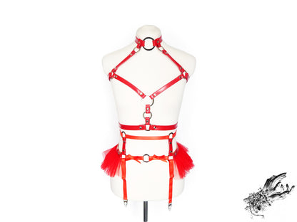 Red Vegan Leather O Ring Harness Set