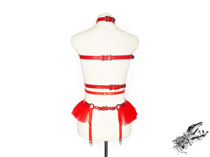 Red Vegan Leather O Ring Harness Set