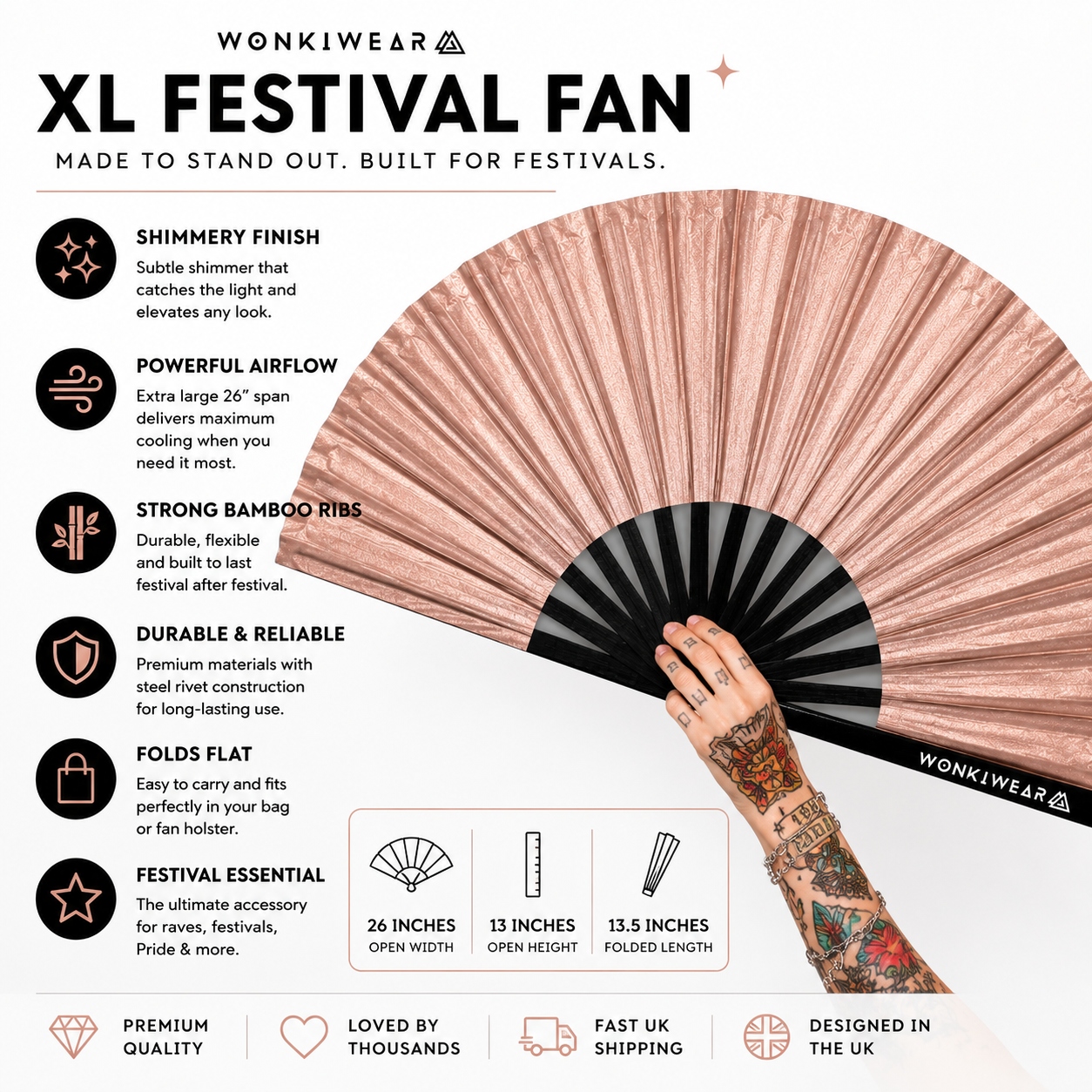 Rose Gold Shimmer Metallic XL Festival Fan