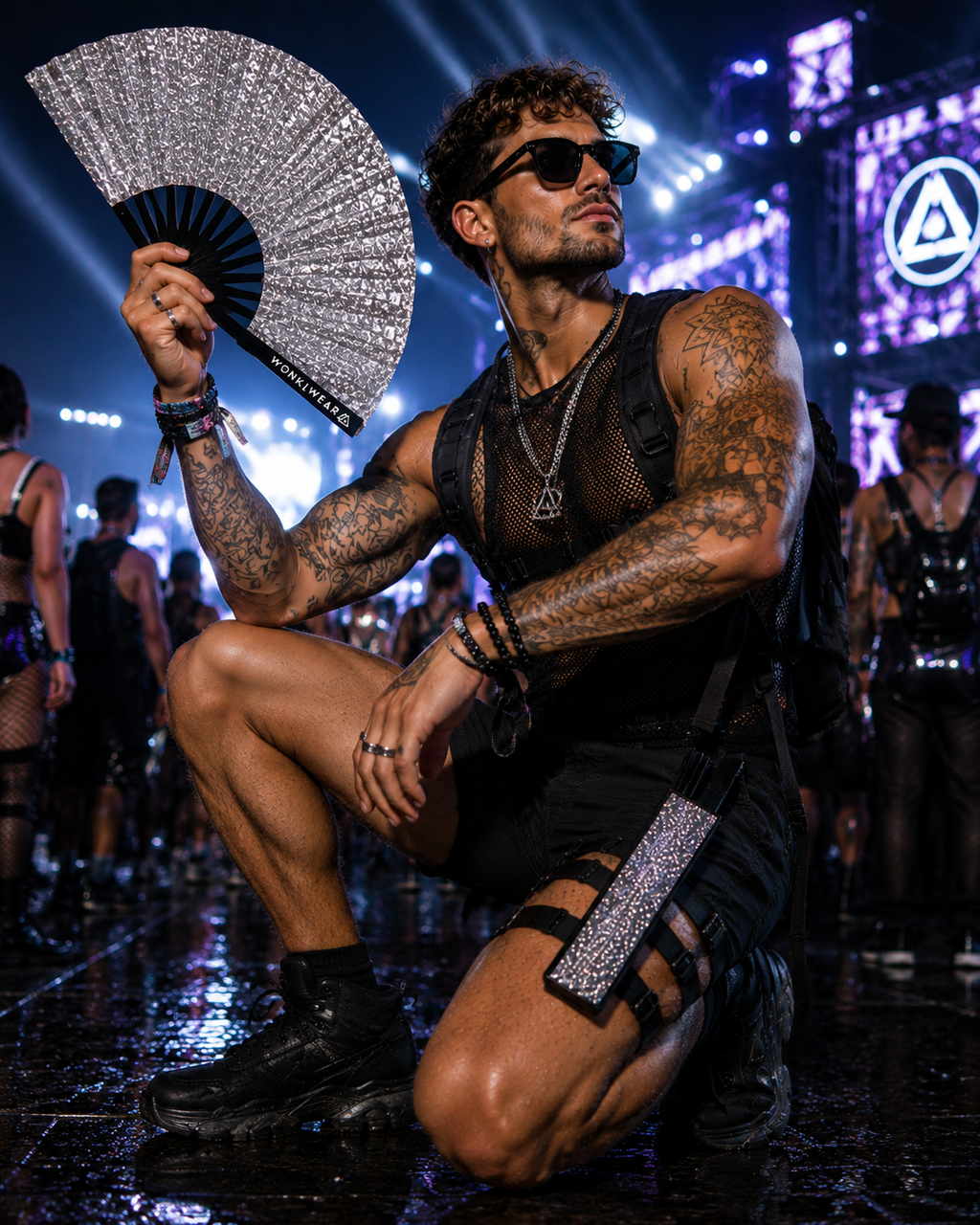 Silver Glitter Fan + Leg Holster Bundle