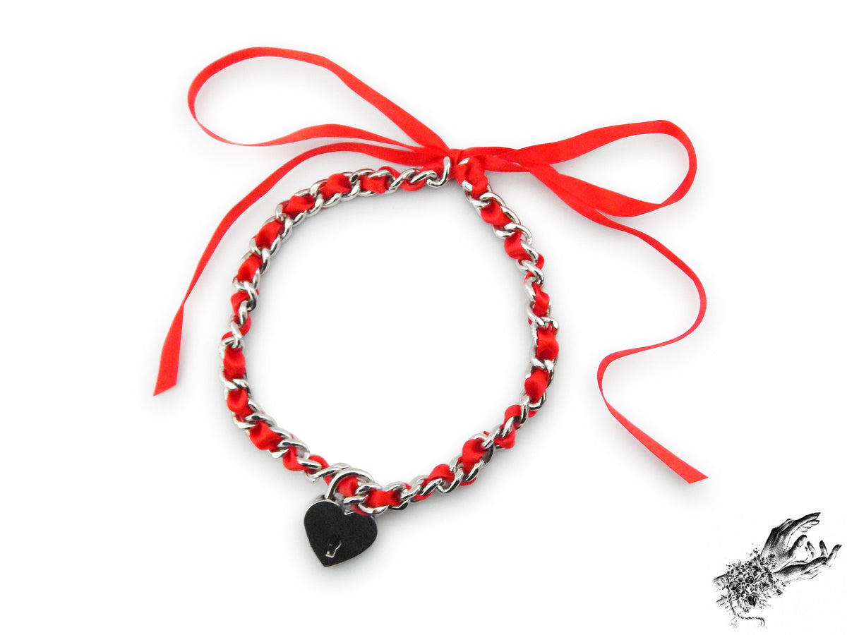 Red Ribbon Chain and Heart Padlock Choker