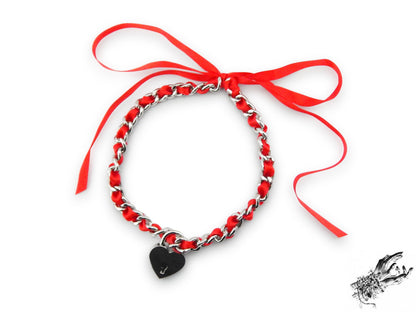 Red Ribbon Chain and Heart Padlock Choker
