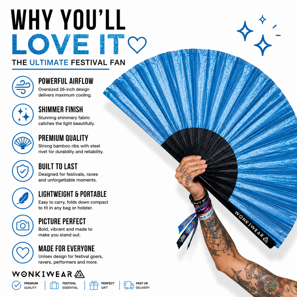 Sky Blue Shimmer Metallic XL Festival Fan