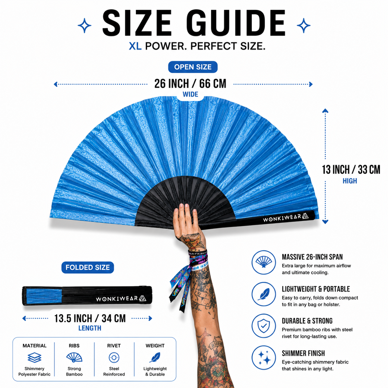 Sky Blue Shimmer Metallic XL Festival Fan