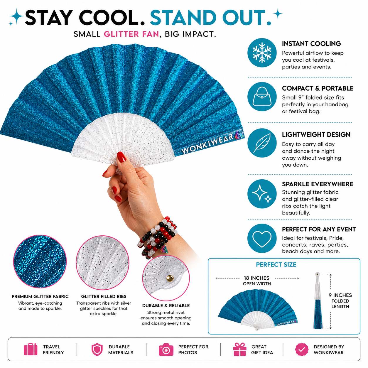 Small Folding Fan - Ocean Blue Glitter