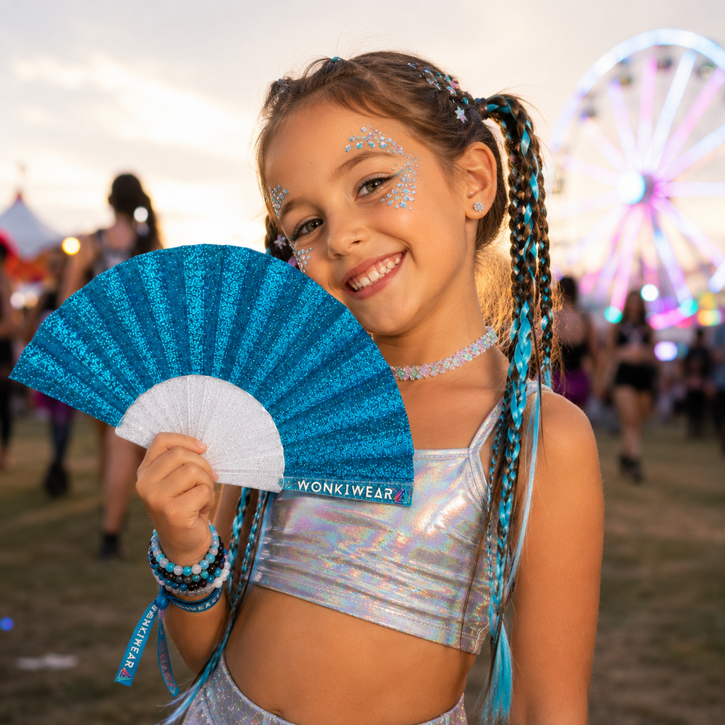 Small Folding Fan - Ocean Blue Glitter
