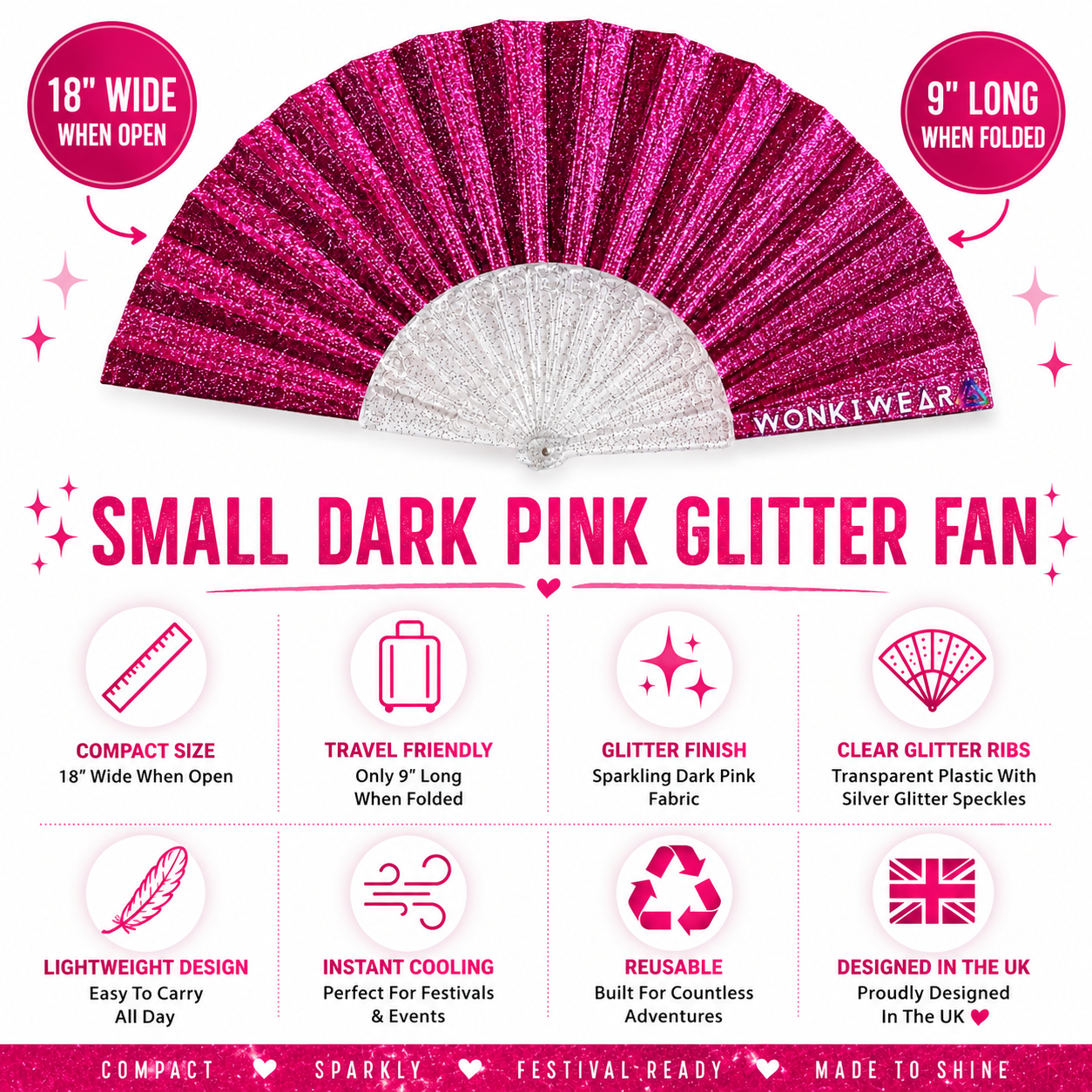 Small Folding Fan - Raspberry Pink Glitter