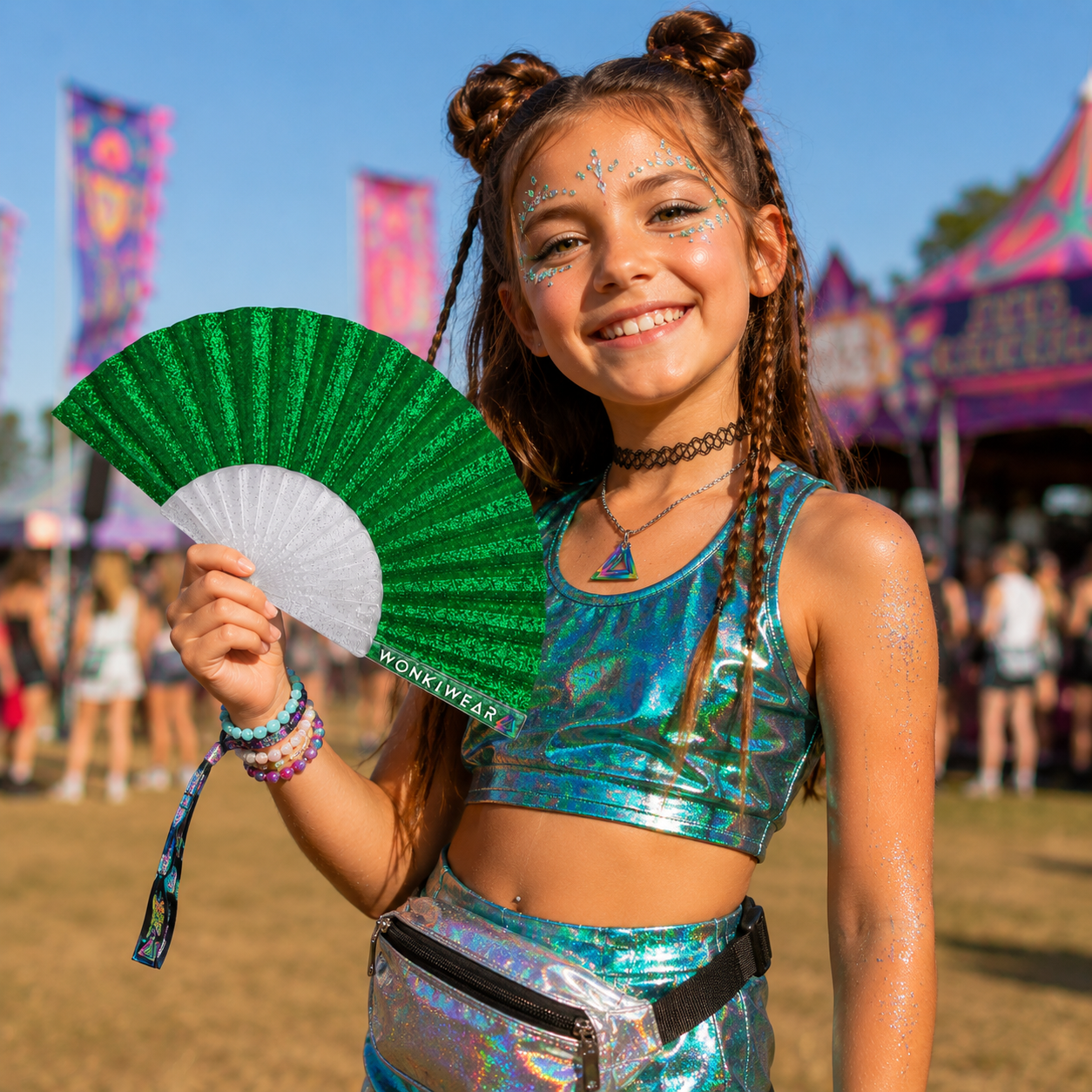 Small Folding Fan - Green Glitter