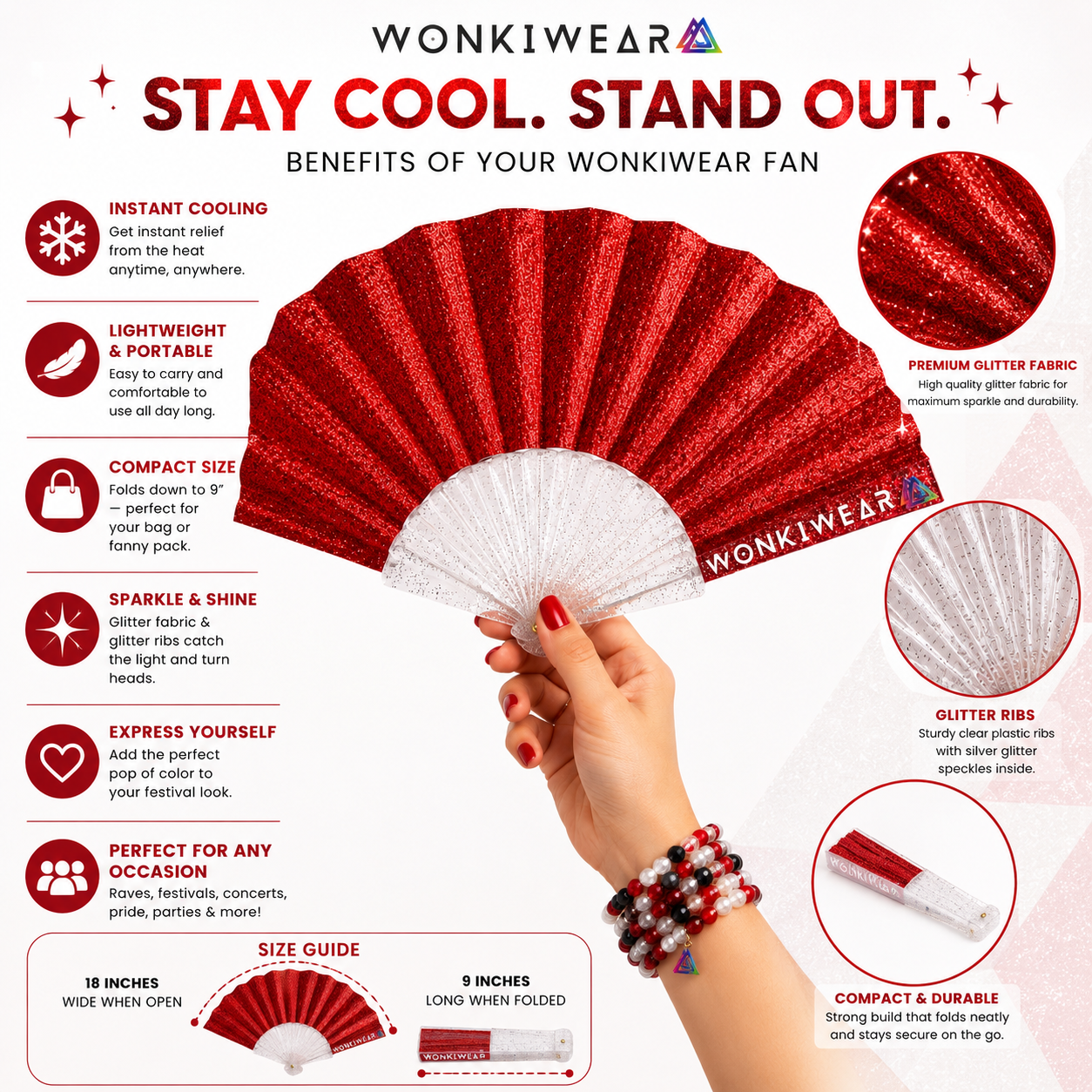 Small Folding Fan - Red Glitter