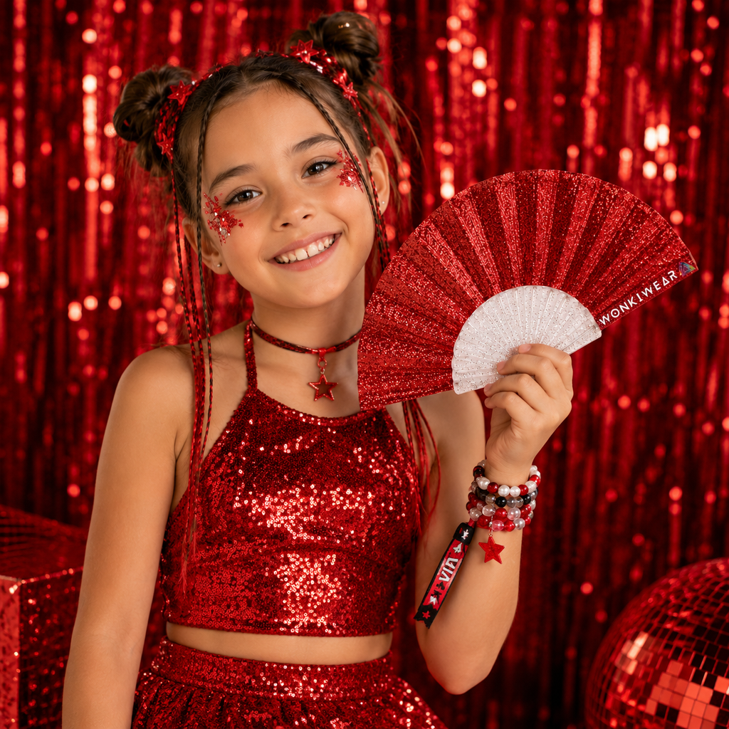 Small Folding Fan - Red Glitter