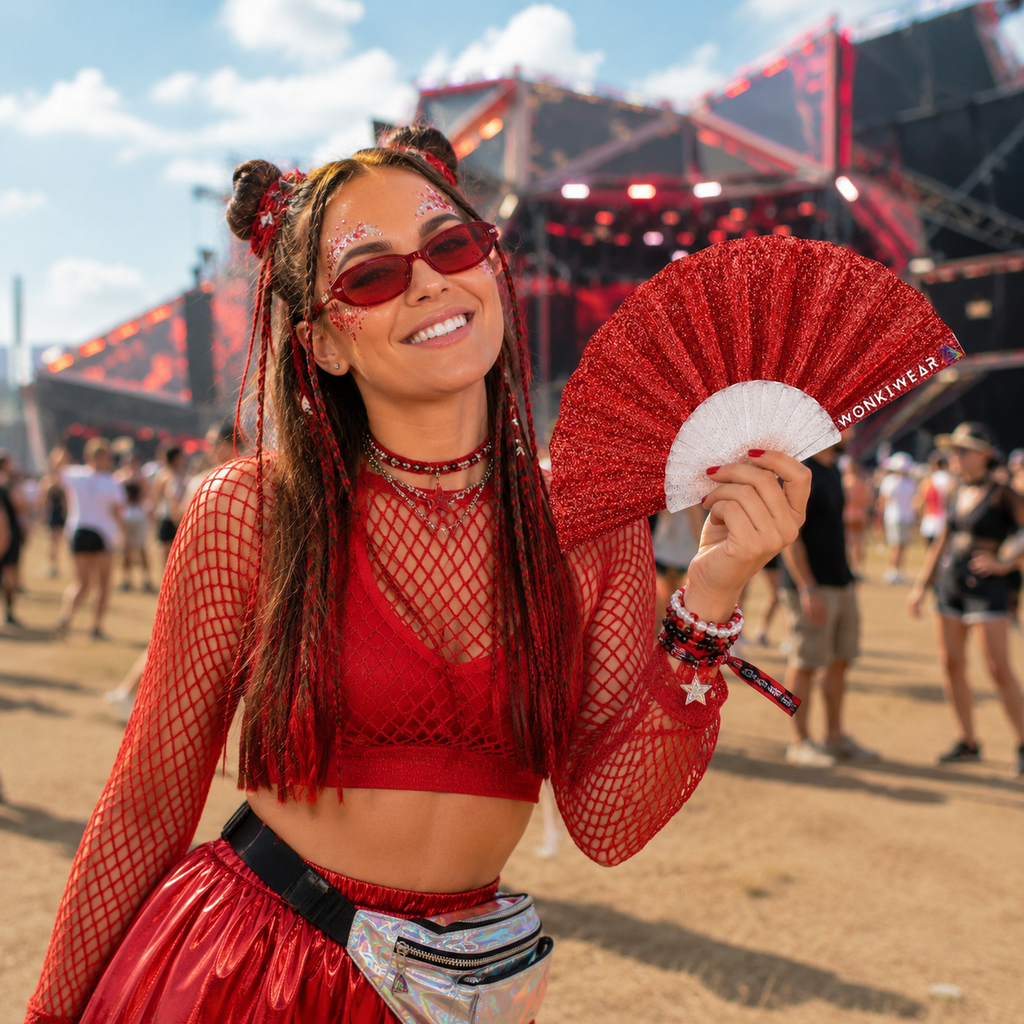 Small Folding Fan - Red Glitter